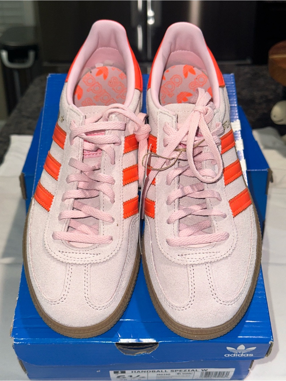 adidas Women’s Suede Sneakers in Light Pink with Bright Orange Stripes - Picture 2 of 6